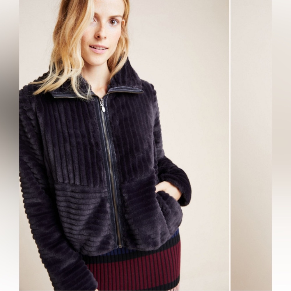 Anthropologie Natasha charcoal navy blue grey faux fur bomber jacket size XS